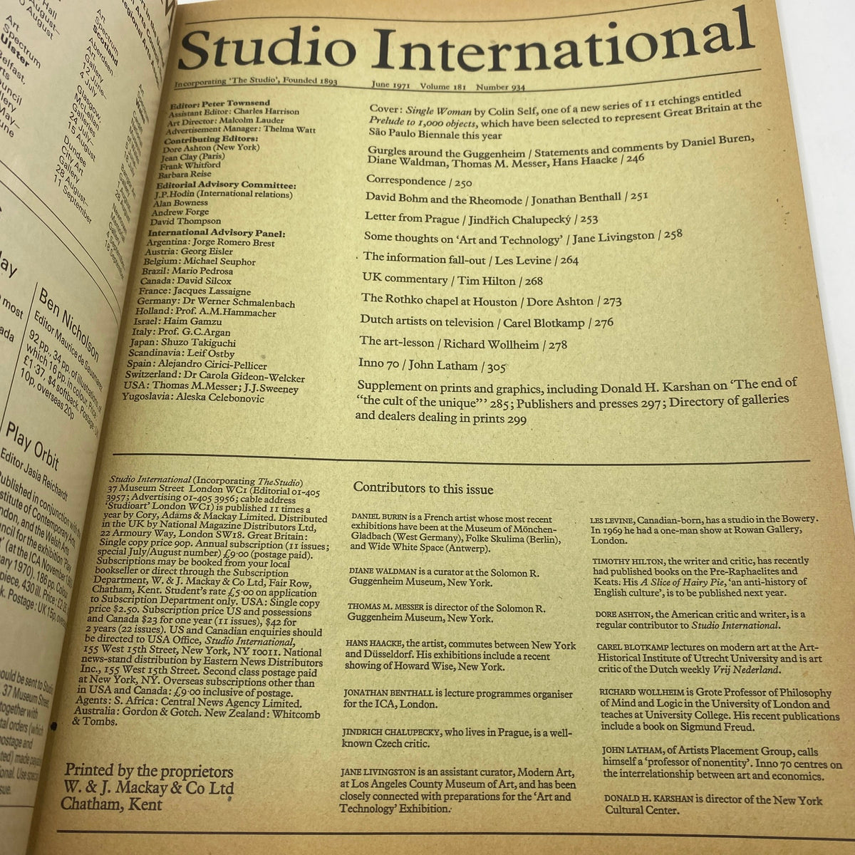 Interior page of VTG Studio International Magazine June 1971, listing contributors and articles, highlighting the magazine's cultural and artistic significance.