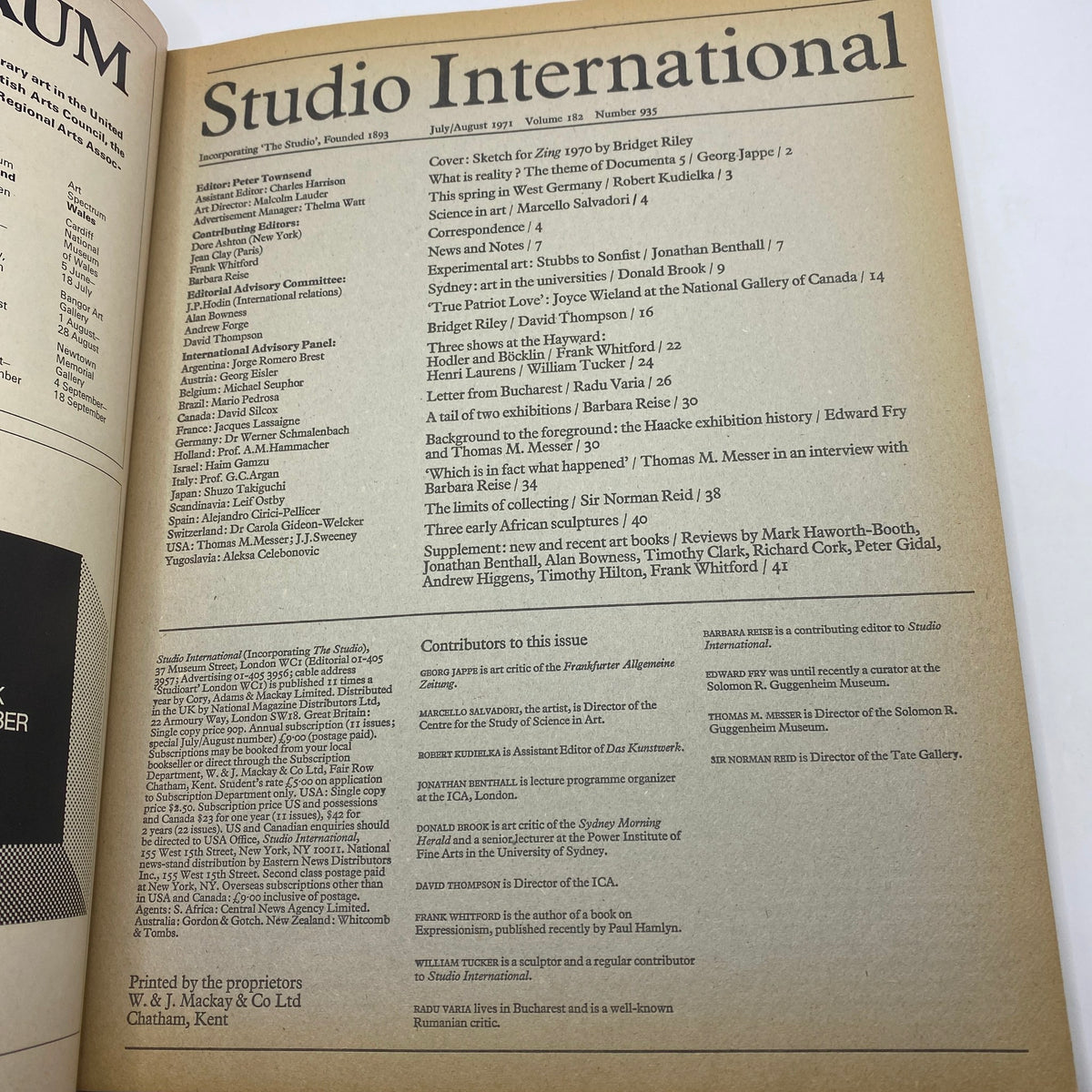 Inside page of VTG Studio International Magazine July 1971 showing table of contents, contributors, and articles related to modern art.