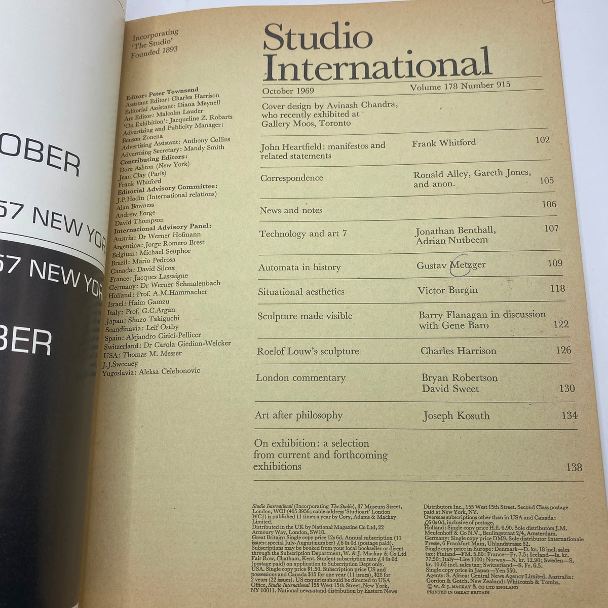 Inside page of VTG Studio International Magazine October 1969, showcasing the contents list and editorial information, highlighting the artistic focus of the issue.