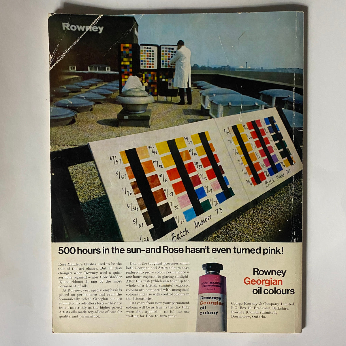 Advertisement page from VTG Studio International Magazine September 1971 promoting Rowney Georgian oil colors, featuring a scientist analyzing color charts outdoors.
