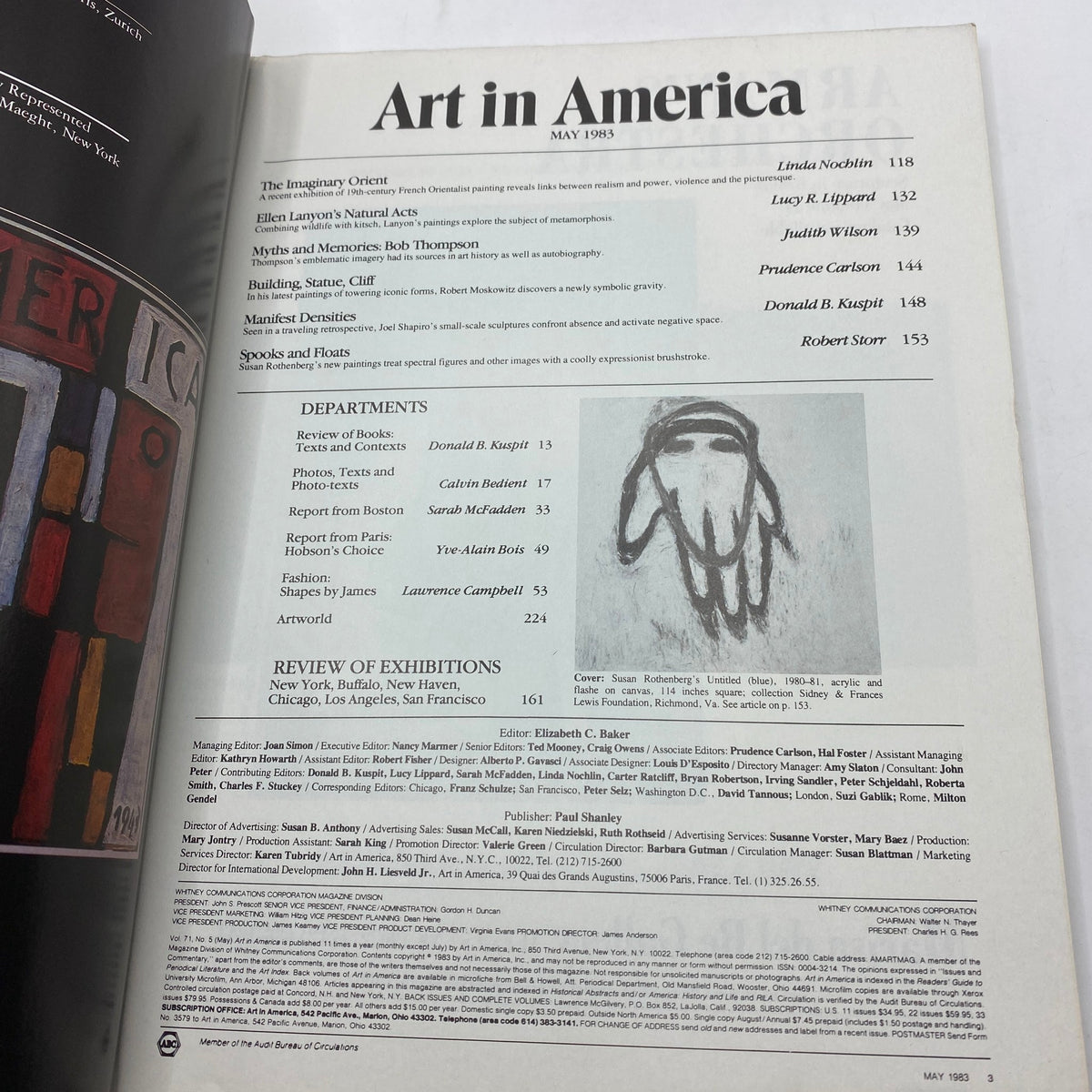 Inside page of the May 1983 Art in America magazine displaying the table of contents. It highlights featured articles and artists, including a mention of Susan Rothenberg's Untitled artwork, reflecting the publication's focus on significant cultural and artistic movements of the time.