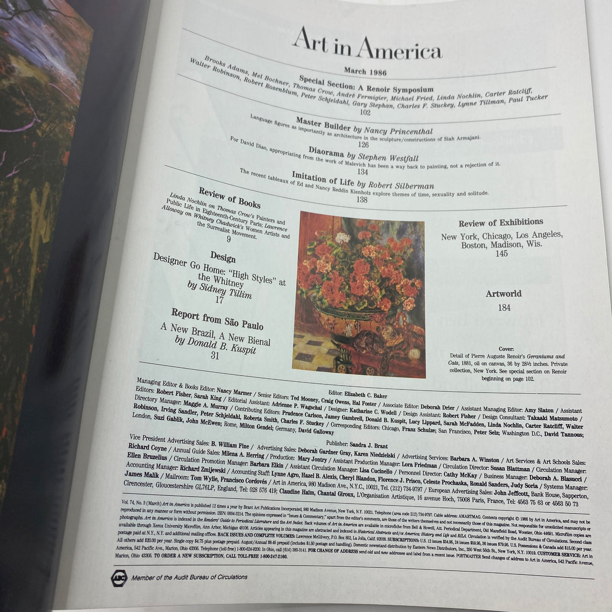 Interior page of the March 1986 Art in America magazine displaying articles and reviews, including a feature on the artwork 'Geraniums and Cats'.