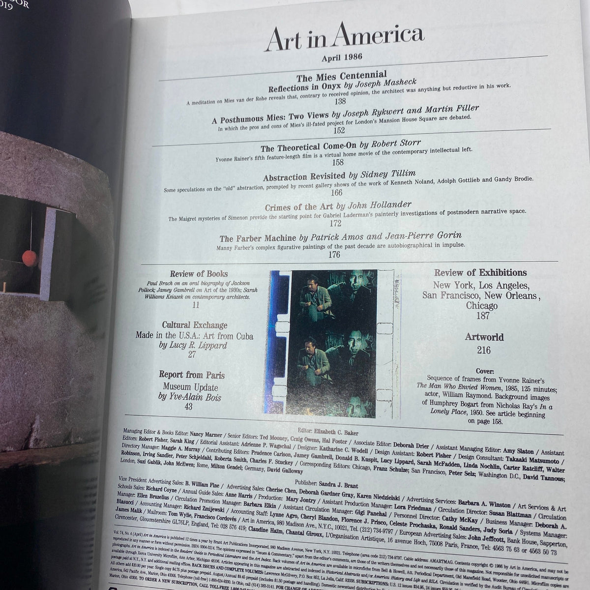 Art in America Magazine April 1986 showcasing various articles, featured reviews, and cultural insights, tied to the theme 'The Man Who Envied Women'. This edition reflects mid-1980s art scene dynamics.