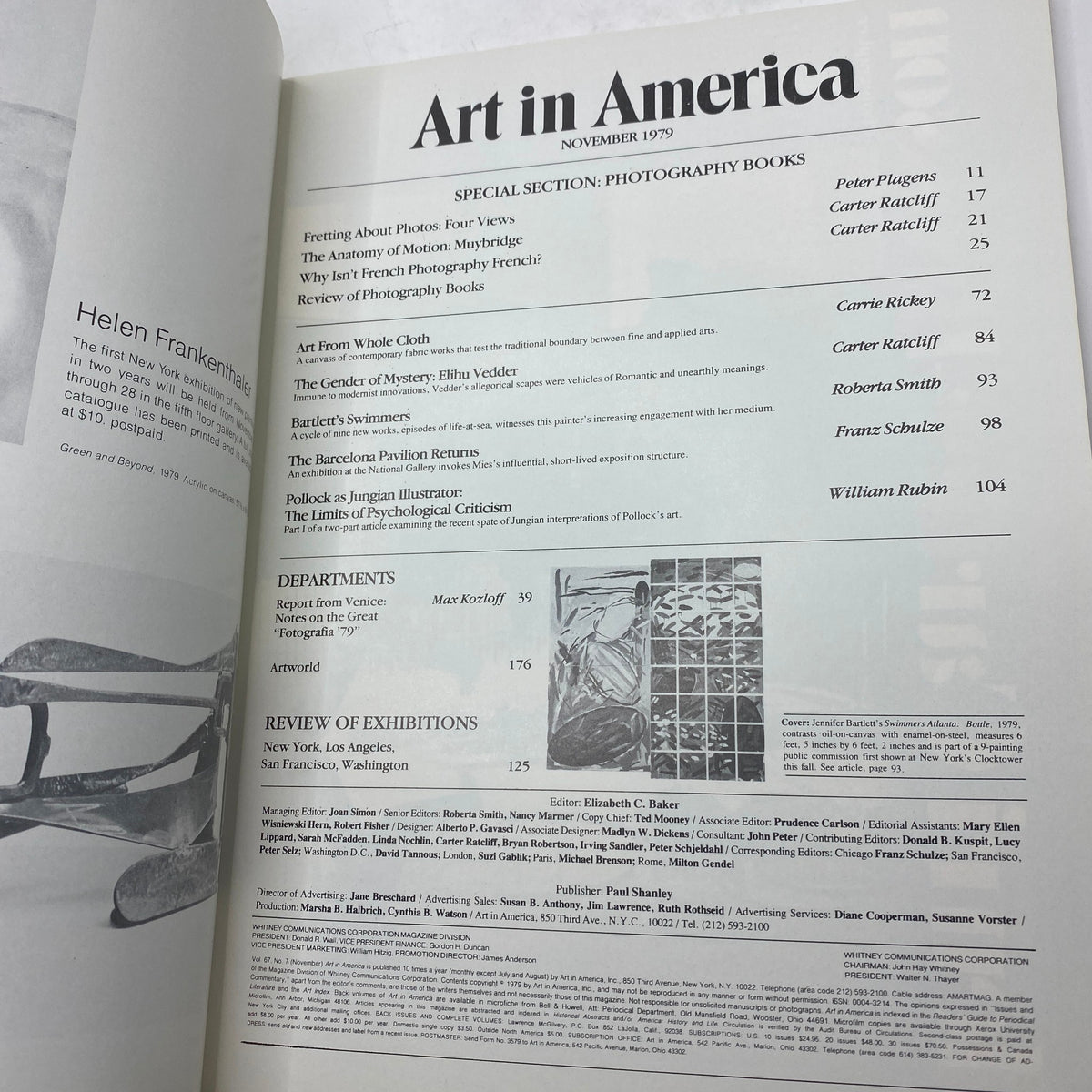 Interior page of Art in America Magazine November 1979, highlighting contents including special sections on photography books and artist features.