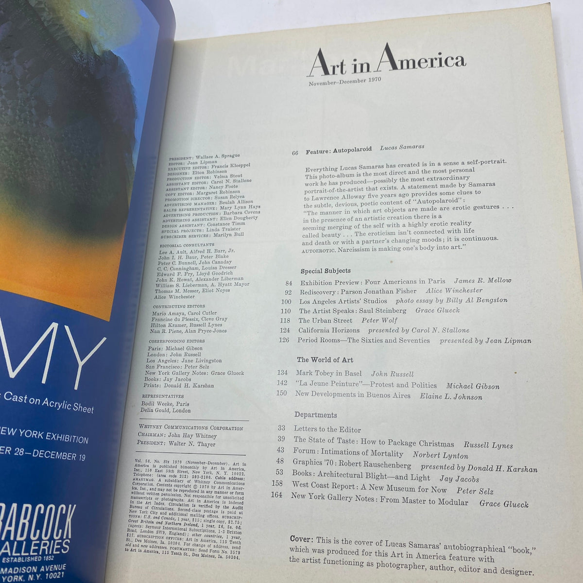 Interior page of VTG Art in America Magazine November 1970, featuring a table of contents and highlights from the publication, reflecting on artists and art trends.