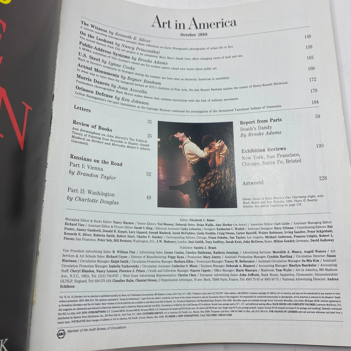 Interior page from the October 1988 issue of VTG Art in America Magazine, displaying a table of contents with articles including 'Russians on the Road,' and featuring a photo of dancers.