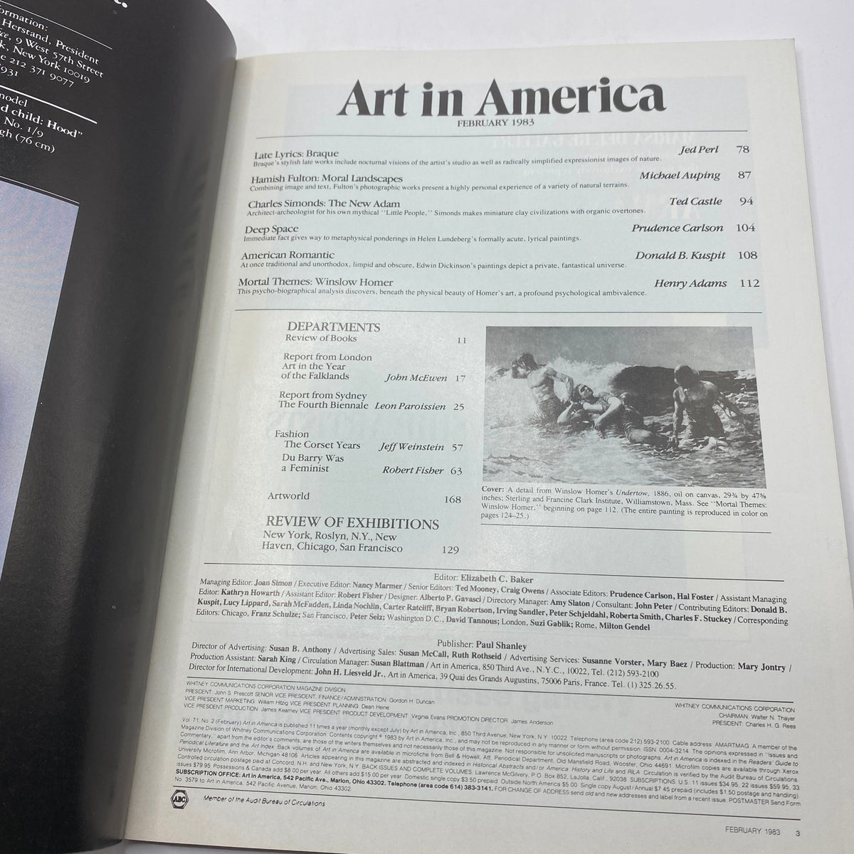 Inside page of VTG Art in America Magazine February 1983 detailing articles and features, including Winslow Homer's works and exhibition reviews.