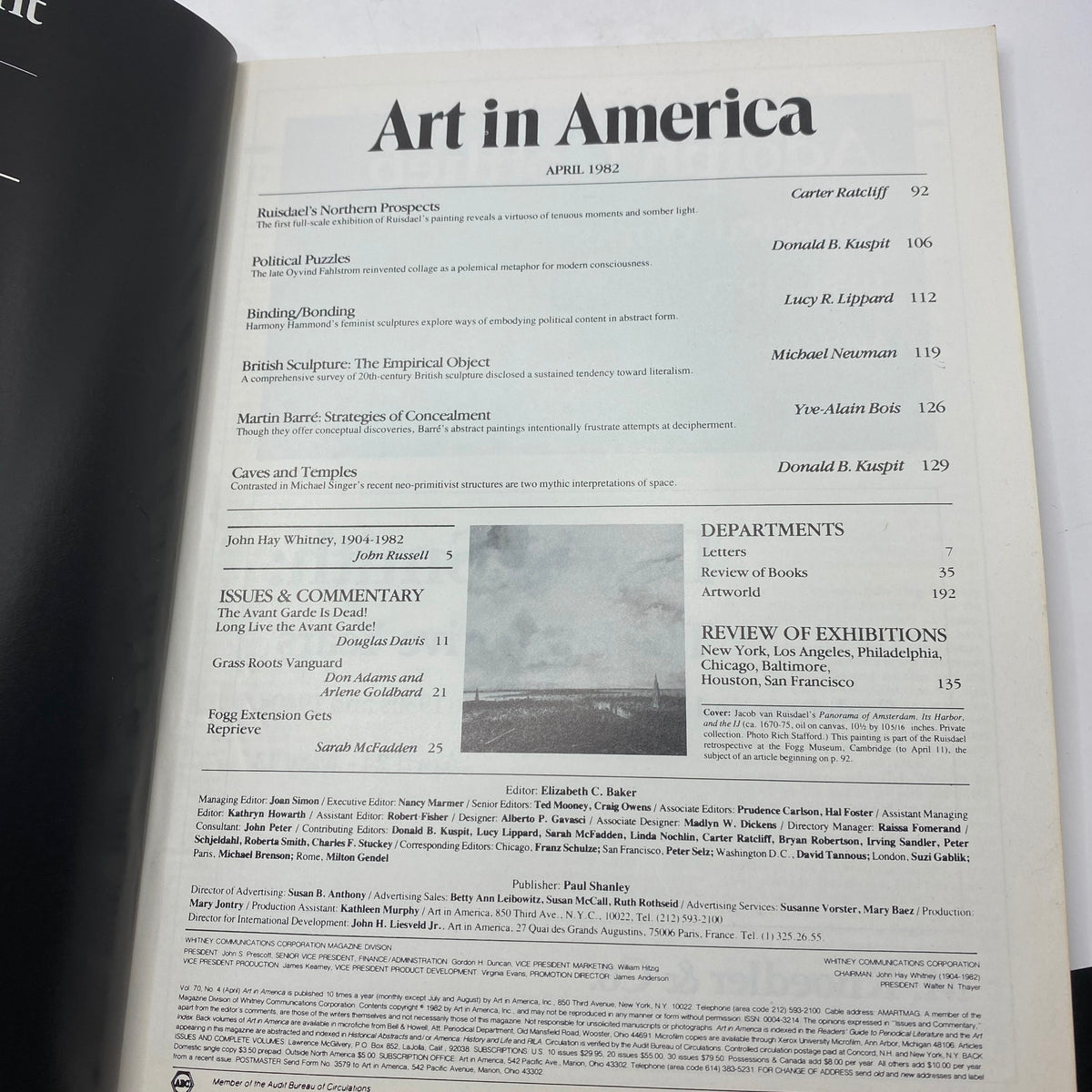 Inside page of Art in America magazine, April 1982 edition, outlining the contents including articles on British sculpture and modern consciousness, reflecting the artistic climate of the time.