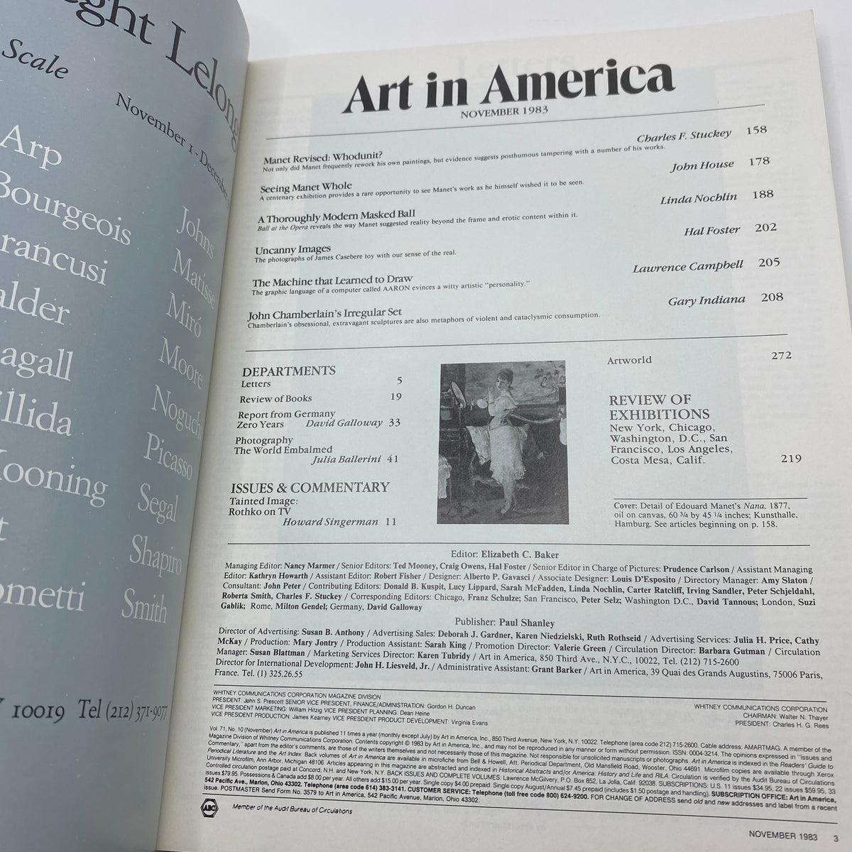 Interior page of the Art in America Magazine November 1983, detailing articles and commentary, including references to Édouard Manet and insights into contemporary art.