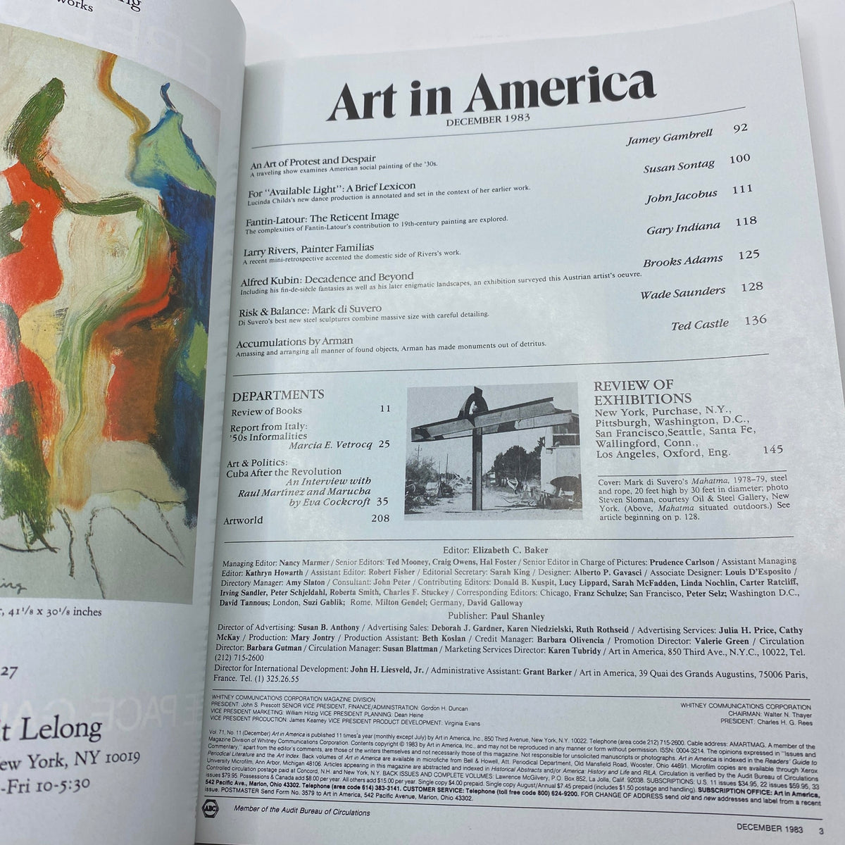 Table of contents page from Art in America Magazine December 1983, showcasing featured artists and articles, including works by Mark di Suvero.