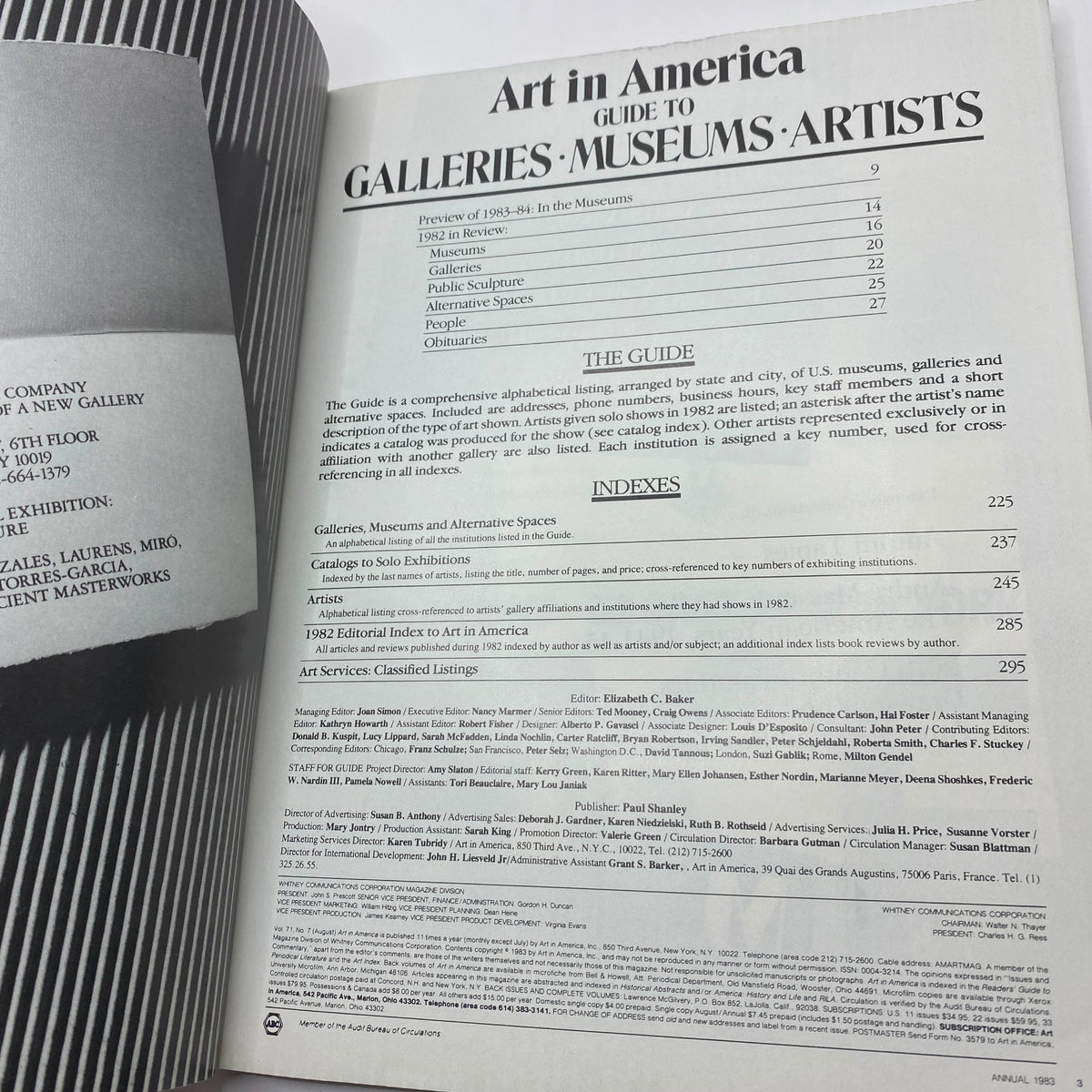 Inside page of the VTG Art in America Magazine Annual 1983-1984 Sourcebook, showing detailed text and indexes related to galleries, museums, and artists, highlighting its informative content and structure as an art resource.