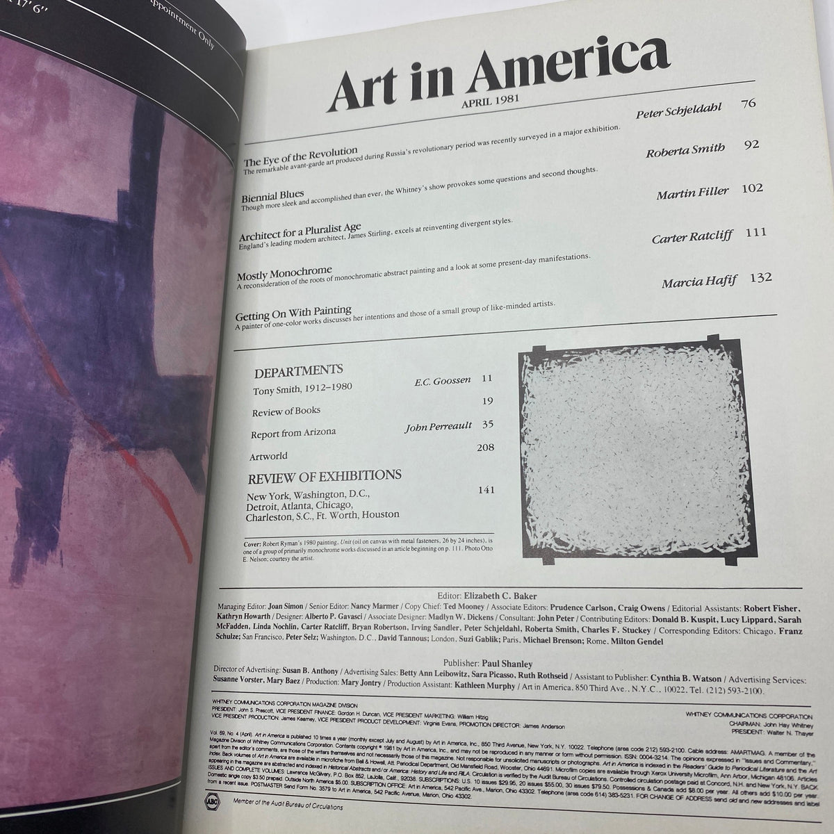 Interior page of the April 1981 edition of Art in America magazine, showcasing the table of contents. This issue includes articles on Robert Ryman and contemporary art movements, offering a glimpse into the art world of the 1980s.