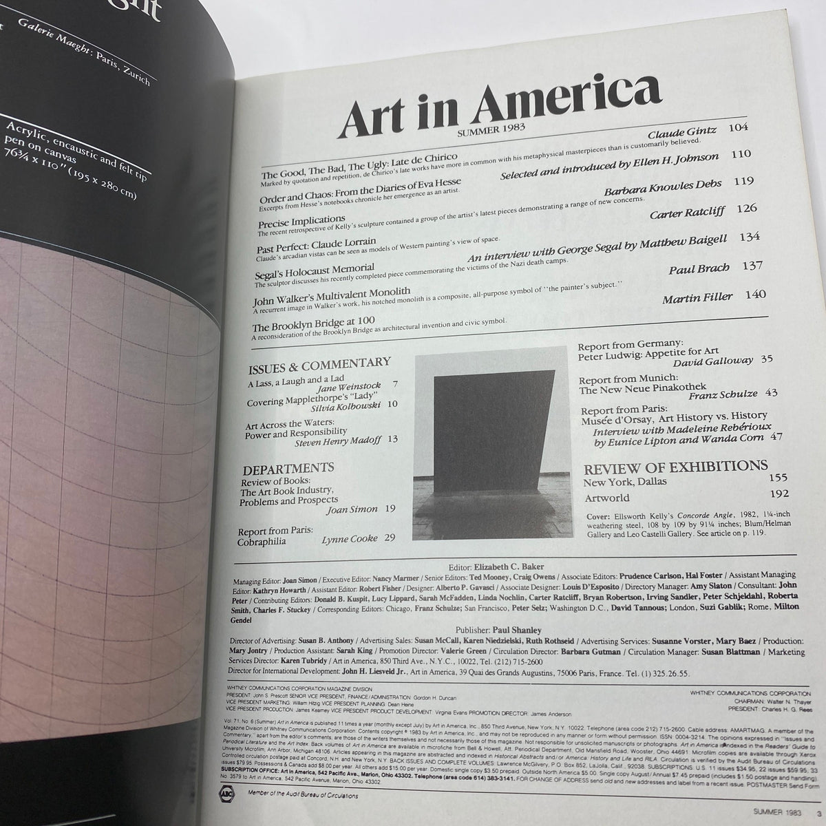Interior page of Art in America Magazine, Summer 1983, displaying the table of contents and notable articles including one on Ellsworth Kelly. Provides insight into the art discussions of the time.