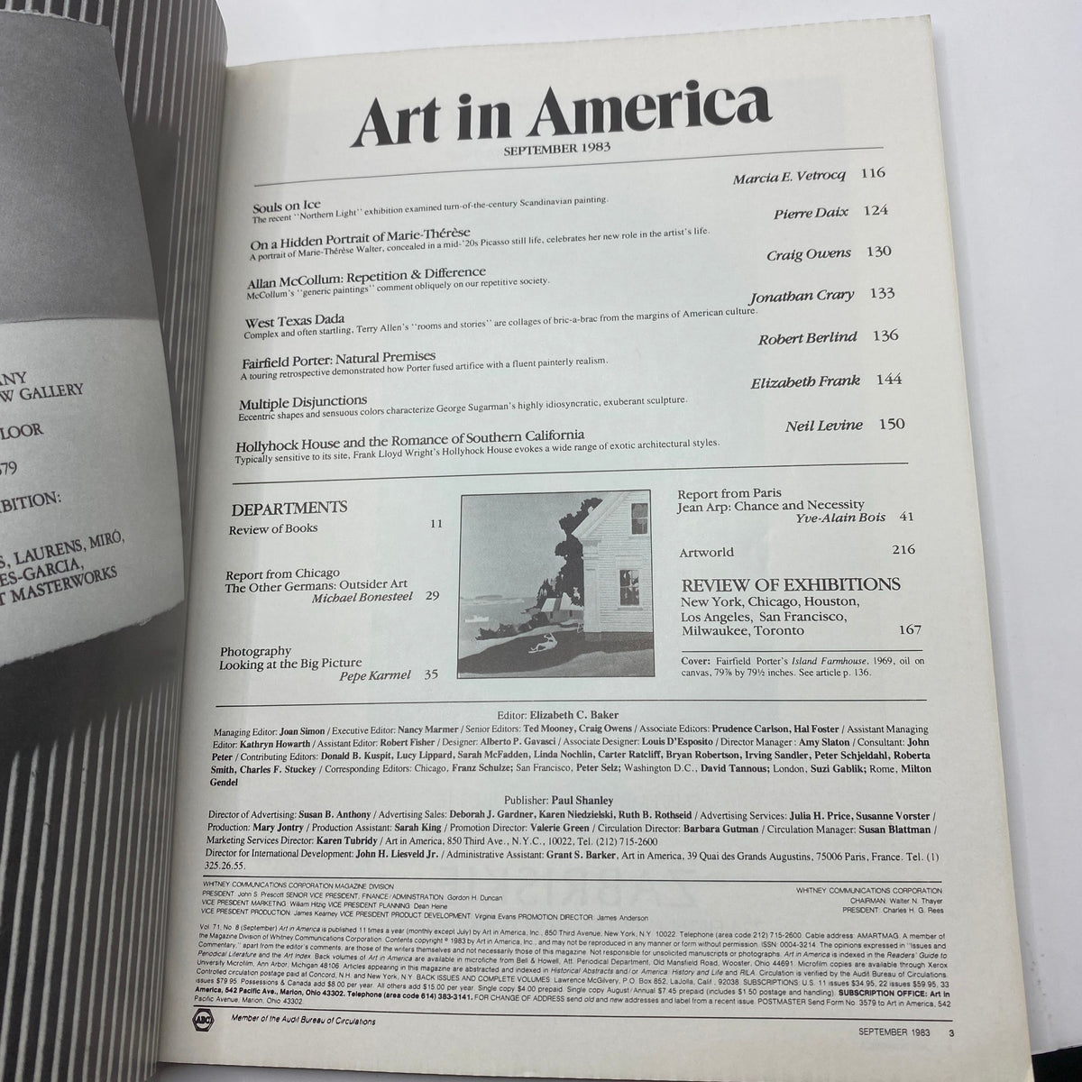 Table of contents page from Art in America Magazine, September 1983, listing featured articles and highlights, including the examination of architectural designs and art critiques.