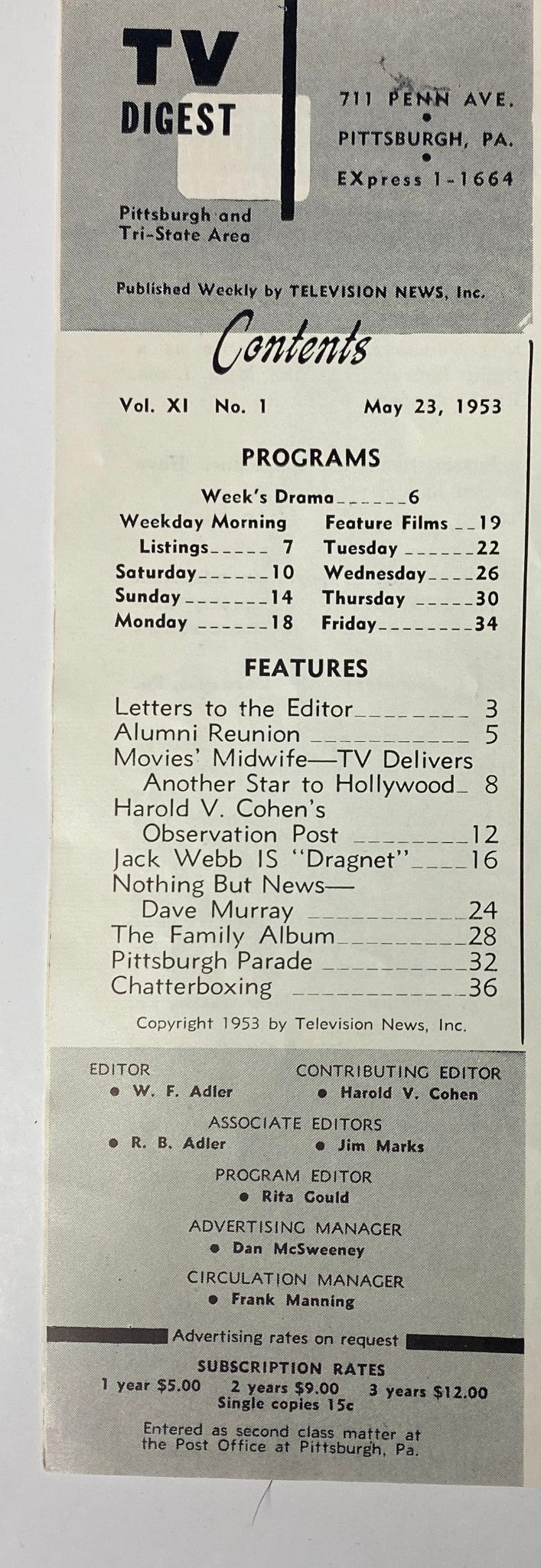 Contents page of TV Digest Magazine, May 23, 1953. Includes listings for programs and features such as 'Jack Webb IS Dragnet' and 'Movies’ Midwife: TV Delivers Another Star to Hollywood.'
