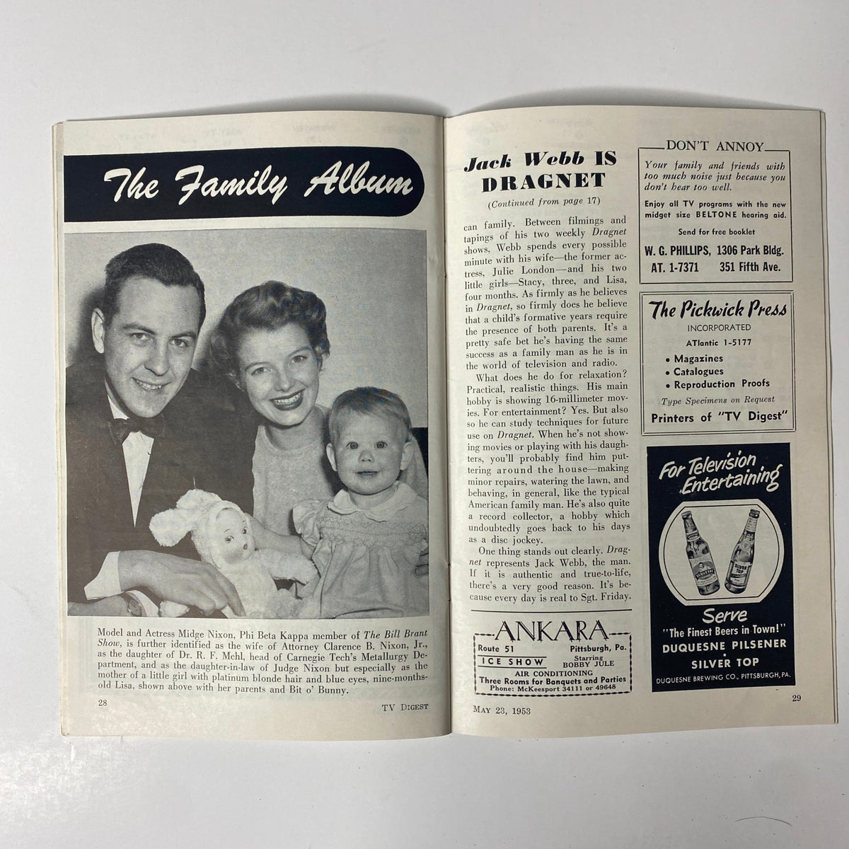 TV Digest Magazine May 23, 1953 featuring Jack Webb cover, with 'The Family Album' article page showcasing Jack Webb, his wife, and their child, providing a glimpse into family life alongside television culture.