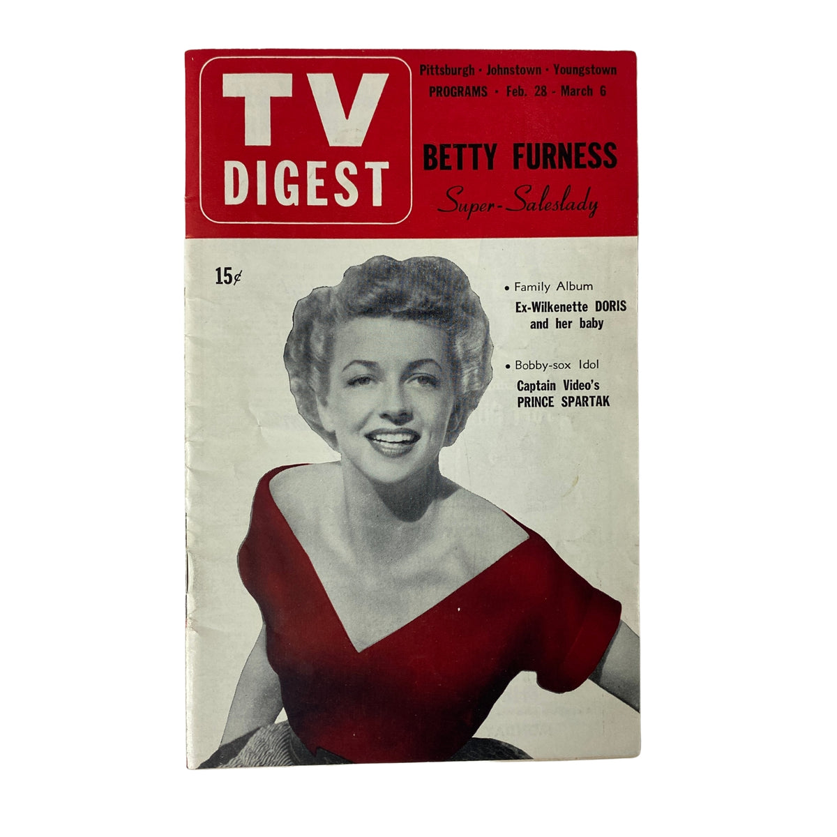 Cover of TV Digest Magazine February 28, 1953 featuring Betty Furness, showcasing her as 'Super-Saleslady' with a vibrant red dress and cheerful smile, highlighting television culture in Pittsburgh.