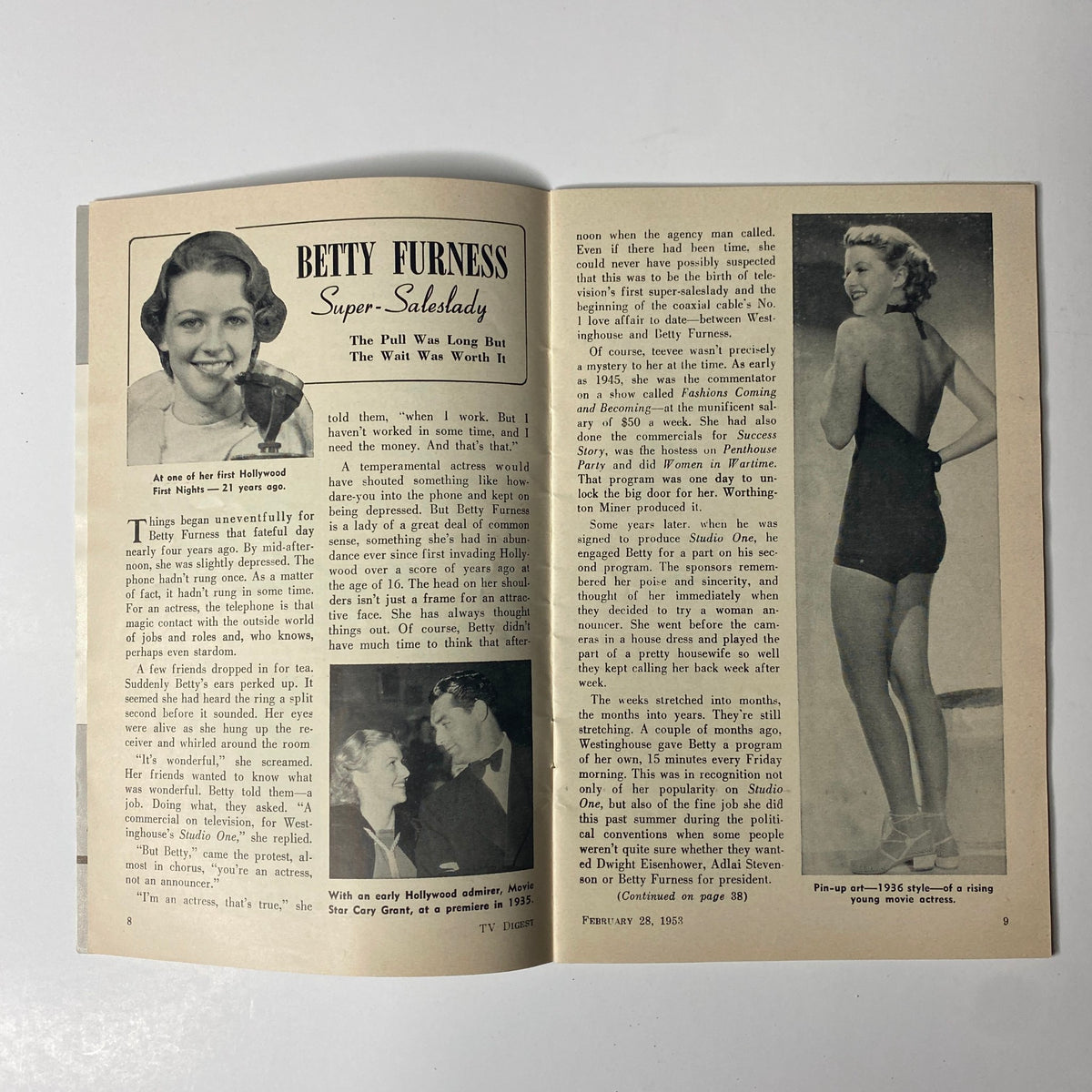 Inside page of TV Digest Magazine February 28, 1953 featuring an article about Betty Furness as 'Super-Saleslady', with an image of her in a swimsuit, discussing her early career in television.