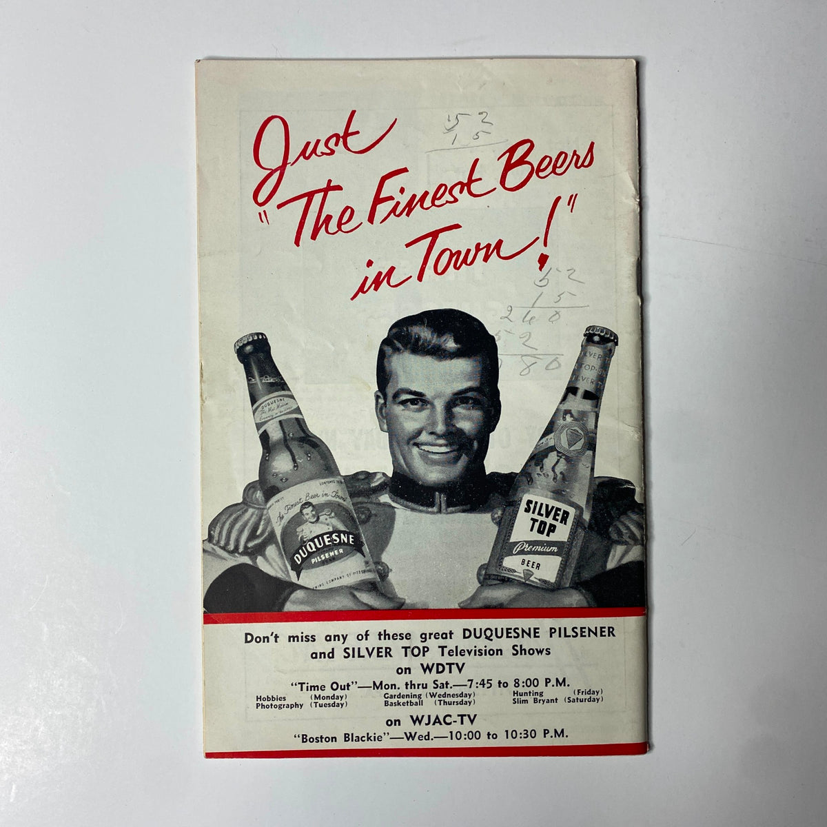 Vintage advertisement for Duquesne Pilsener and Silver Top Beer, featuring a smiling man holding two beer bottles, promoting television shows on WDTV. Associated with the TV Digest Magazine February 28, 1953 with Betty Furness on the cover.