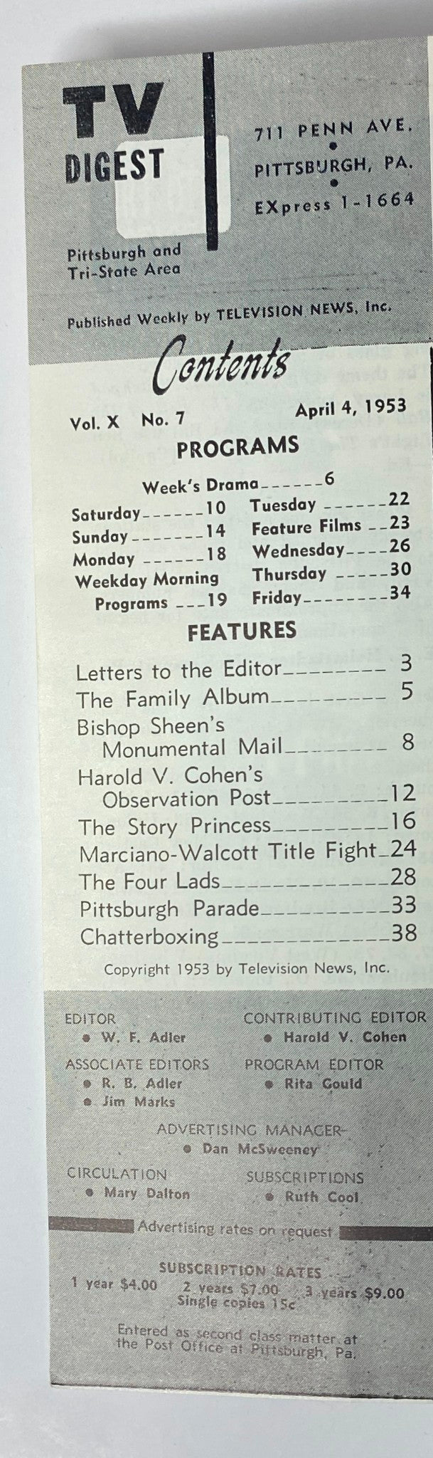 Table of contents page from TV Digest Magazine April 4, 1953 detailing program listings and features including Bishop Sheen's Monumental Mail and The Story Princess.