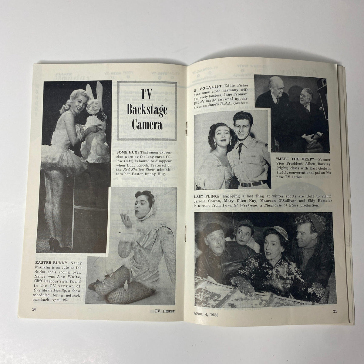 Inside pages of TV Digest Magazine April 4, 1953 showcasing backstage camera highlights, features on entertainers, and Easter Bunny segment.