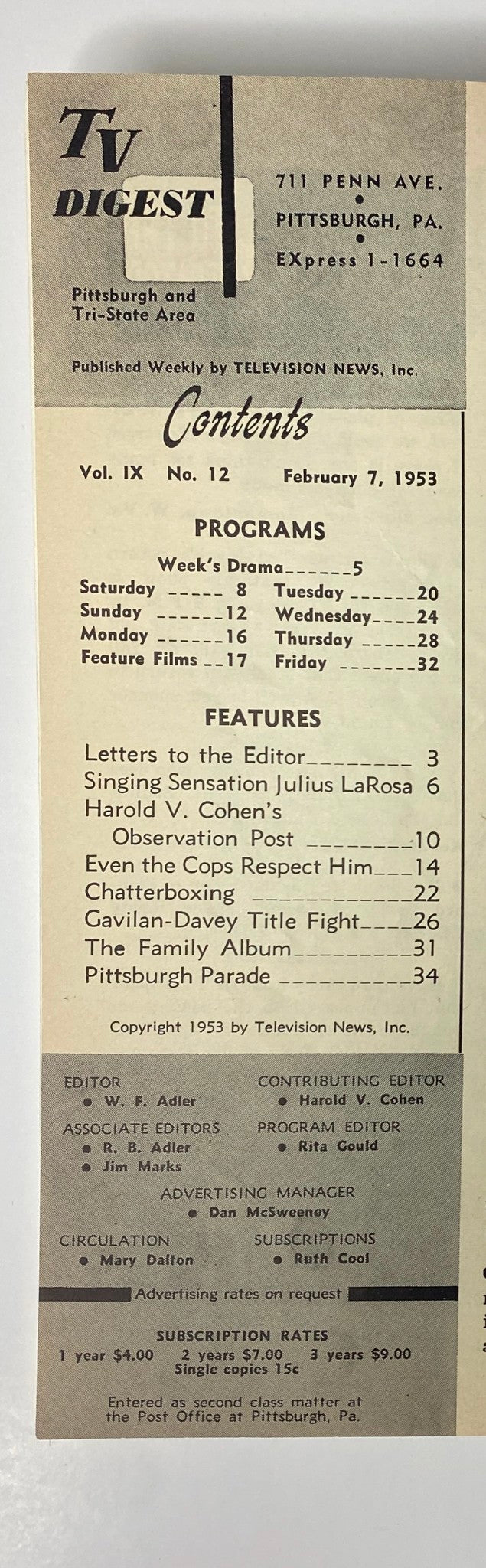 Contents page of TV Digest Magazine February 7, 1953, featuring vol. IX no. 12, highlighting programs and features including Julius La Rosa.