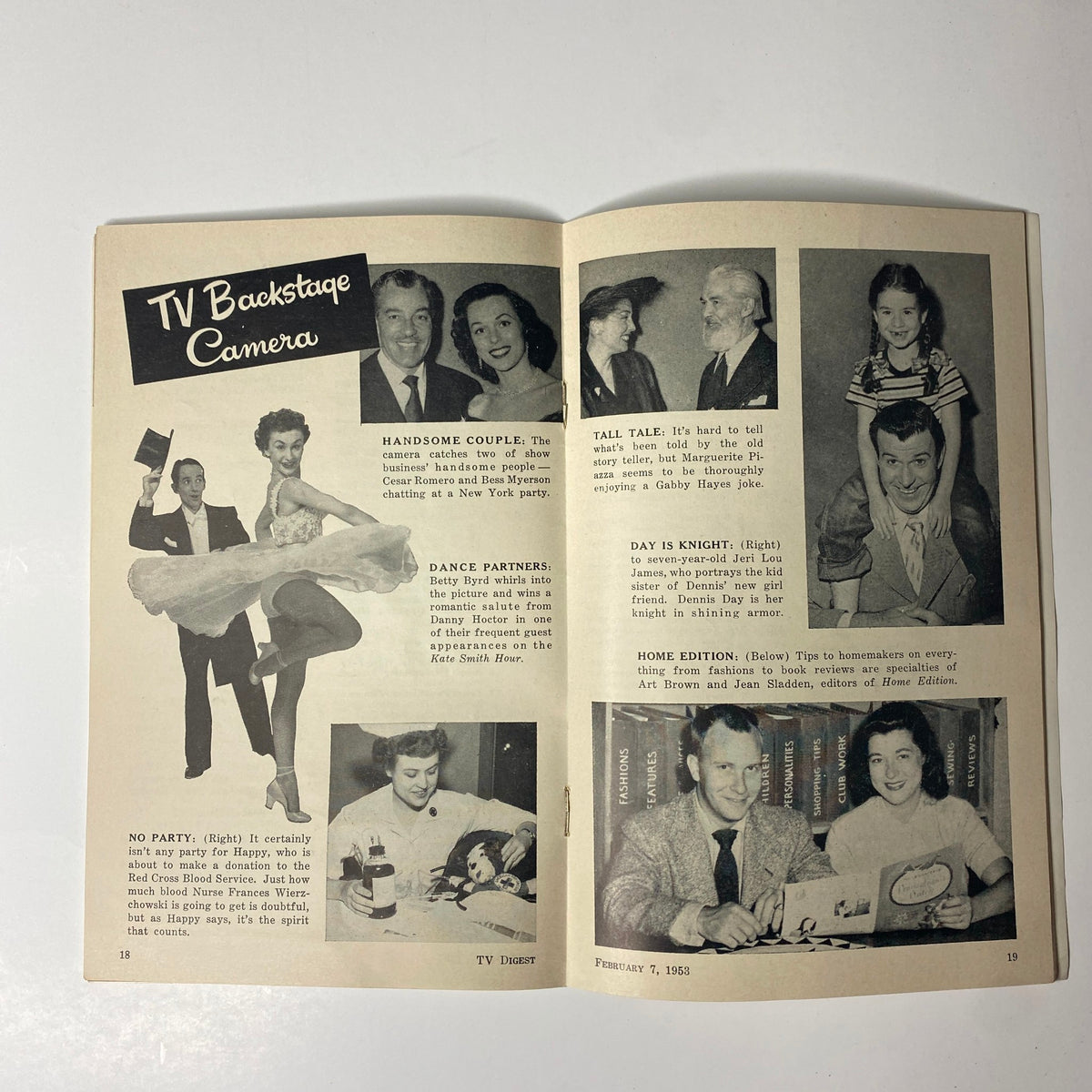 Interior spread of TV Digest Magazine February 7, 1953, showcasing backstage camera coverage and notable television personalities.