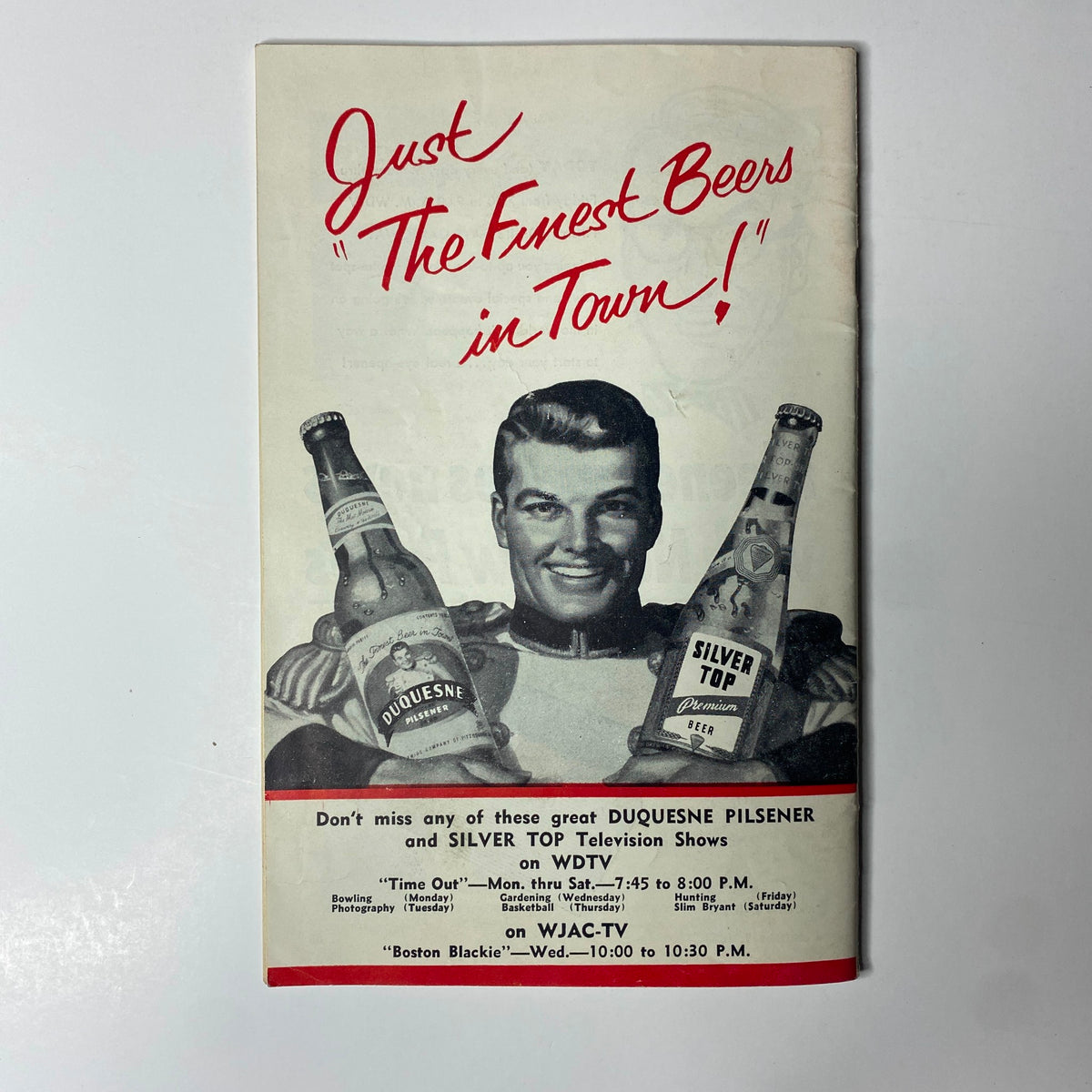 Advertisement for Duquesne Pilsener and Silver Top beer in TV Digest Magazine February 7, 1953, promoting local television shows.