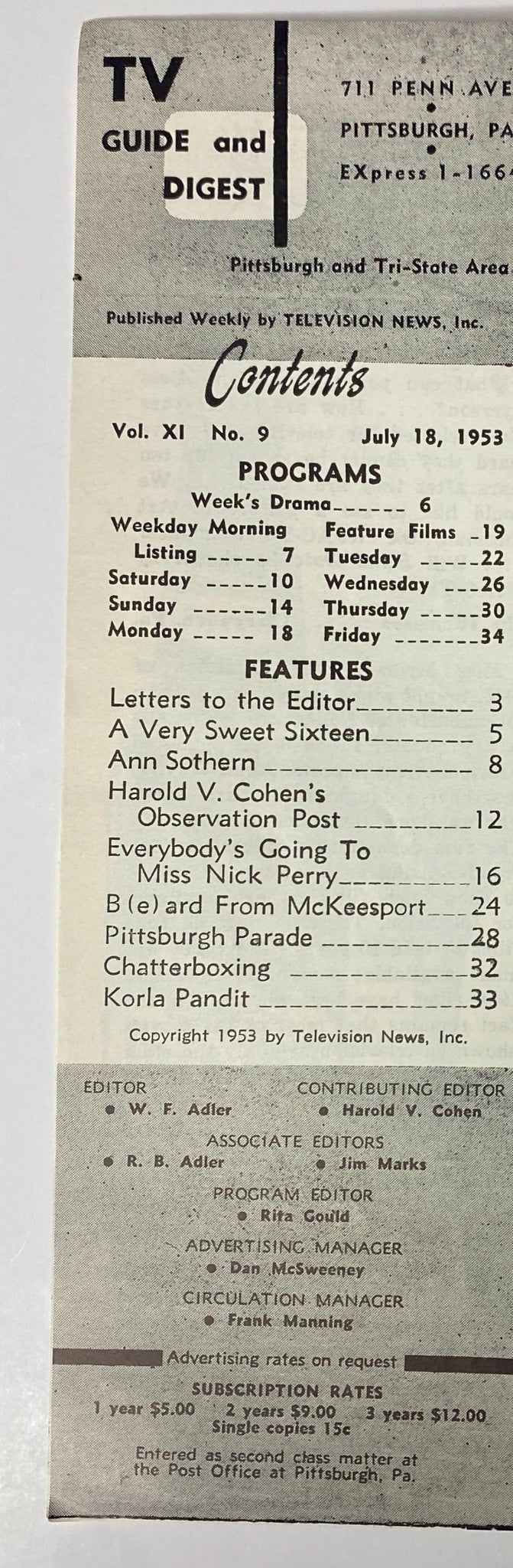 Contents page of TV Guide & Digest Magazine July 18, 1953, listing features and program details from the Pittsburgh edition.