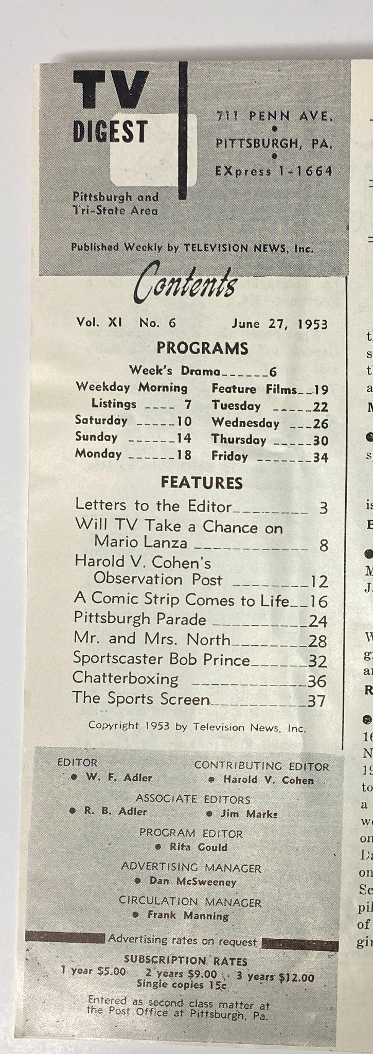 Contents page of TV Digest Magazine, June 27, 1953, detailing the features and programs including 'Will TV Take a Chance on Mario Lanza' and sections on local Pittsburgh shows and dramas.