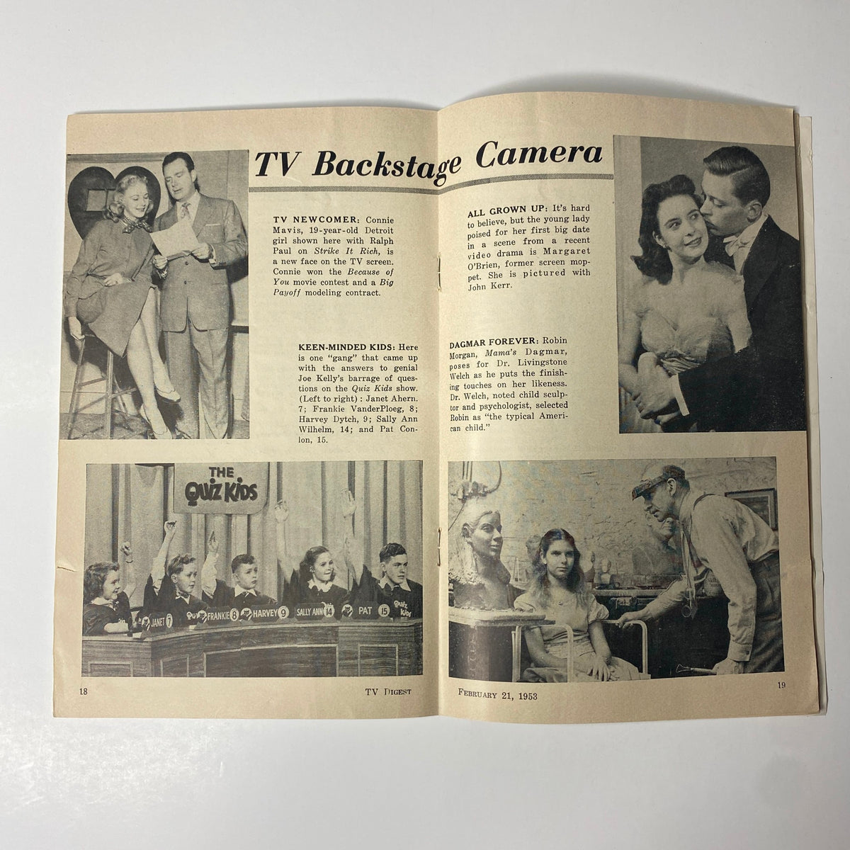 Interior spread of TV Digest Magazine February 21, 1953 showcasing backstage camera features and images of television newcomers and quiz shows.