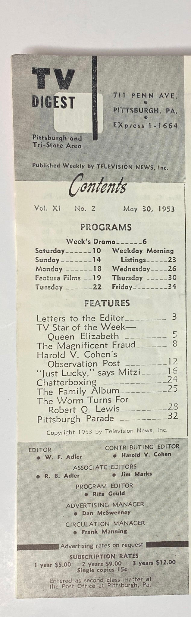 Contents page of TV Digest Magazine, May 30, 1953, detailing program listings and feature articles.
