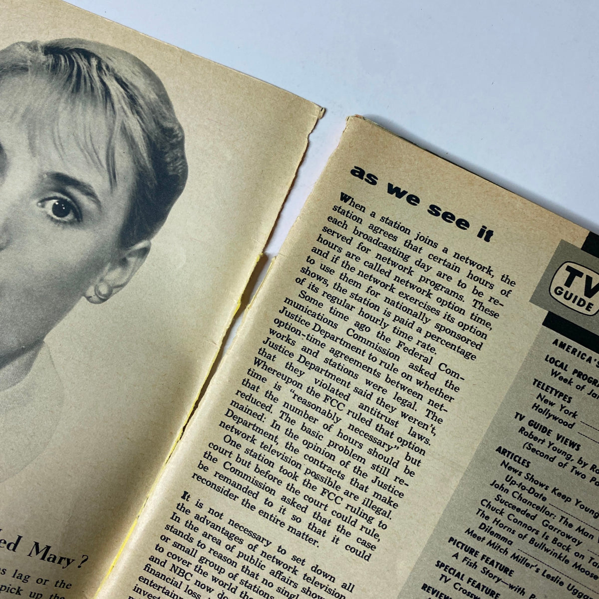 Interior page of TV Guide Magazine January 20, 1962 showing a segment titled 'as we see it,' discussing network broadcasting agreements, with a close-up of the magazine's content.