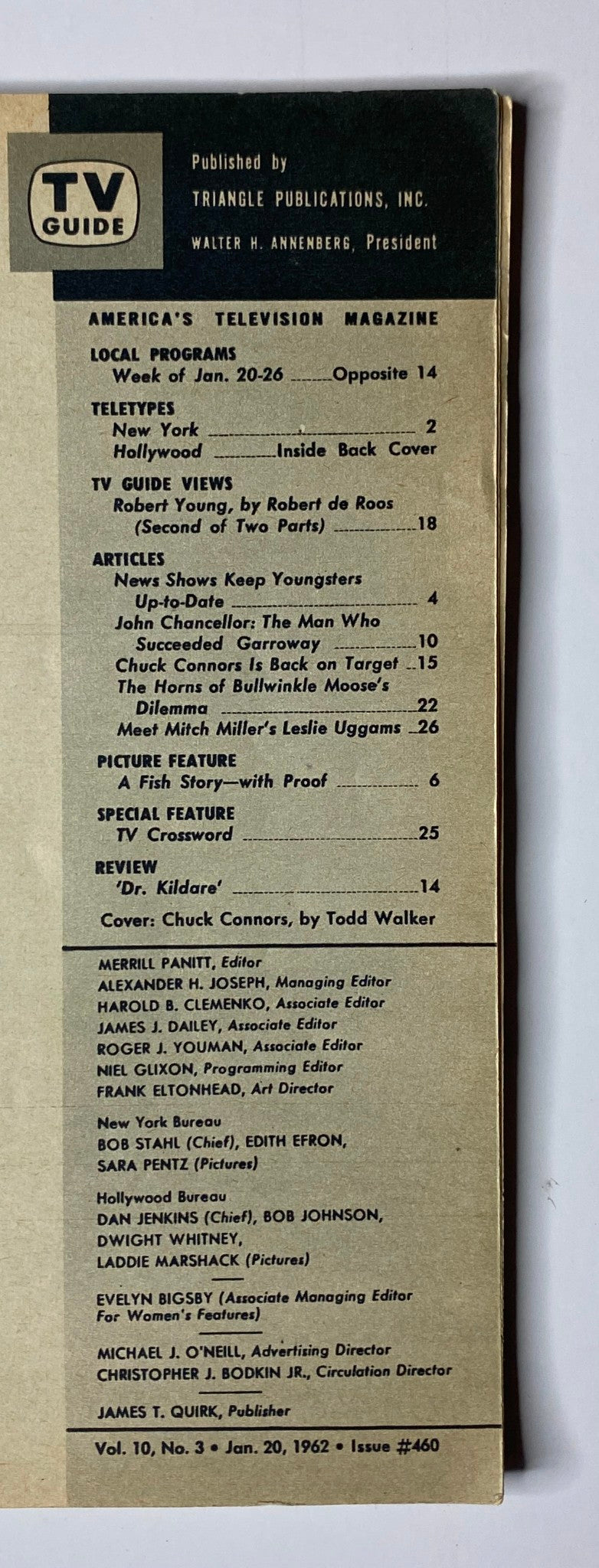 Back interior page of TV Guide Magazine January 20, 1962, featuring the table of contents that includes articles and features like 'Chuck Connors Is Back on Target' and 'TV Crossword'.