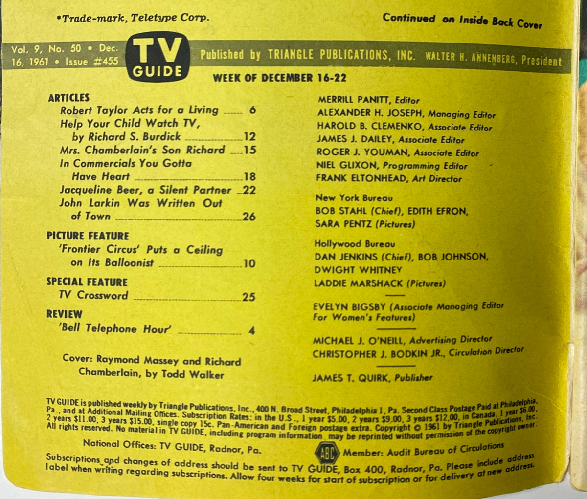 Inside content of TV Guide Magazine December 16, 1961, listing articles and features, including a profile on Richard Chamberlain, and reviews relevant to the week’s programming.
