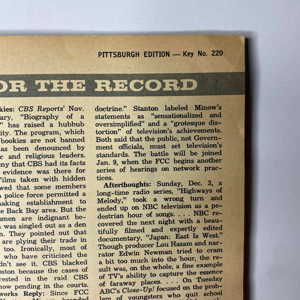 Inside page of TV Guide Magazine December 16, 1961 featuring a report on CBS Reports and television programming updates. This page includes commentary on the controversies surrounding the show's content and public perception. Pittsburgh Edition.