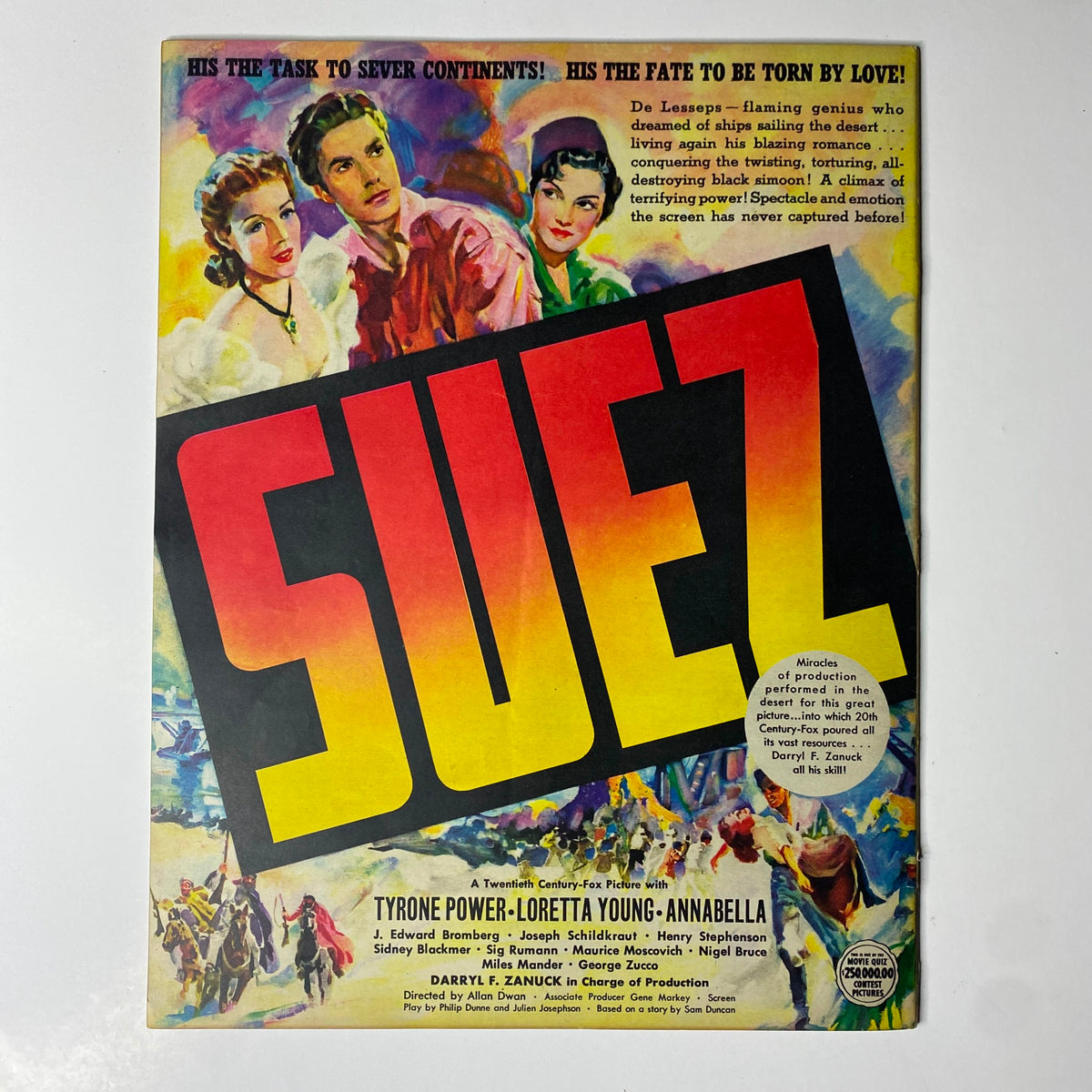 Look Magazine November 8, 1938 cover featuring the film 'Suez', depicting colorful imagery and promotional details about the movie starring Tyrone Power and Loretta Young.