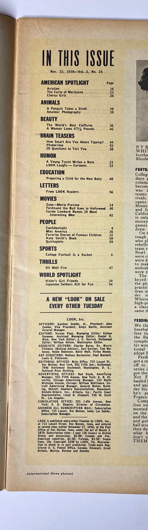 Table of contents for Look Magazine dated November 22, 1938, featuring articles on American culture, movies, and sports.