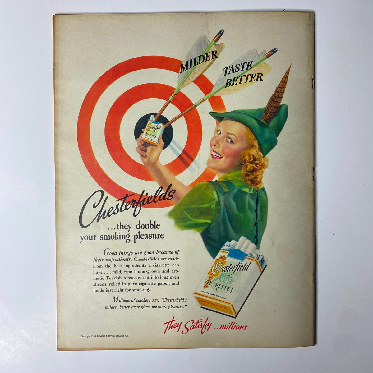 Vintage advertisement for Chesterfield Cigarettes from Look Magazine dated November 22, 1938, featuring a woman promoting the product.