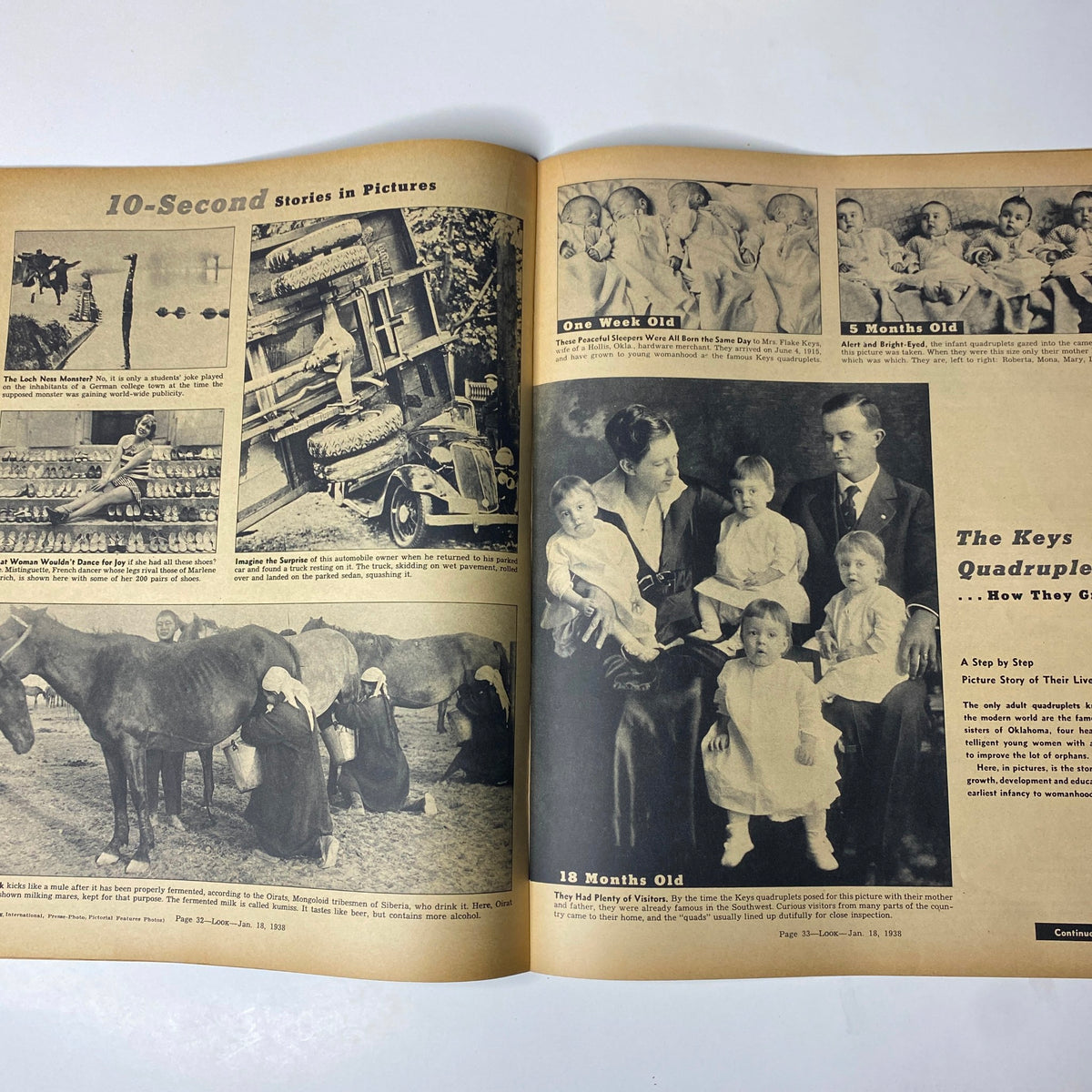 Look Magazine January 18, 1938 showcasing a selection of images related to child development and family life, emphasizing the Keys quadruplets and their early moments.