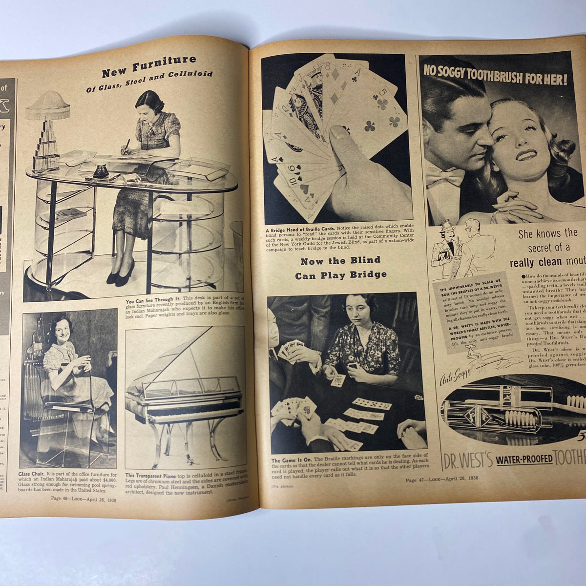 Page from Look Magazine April 26, 1938 featuring innovative furniture designs made from glass, steel, and celluloid, highlighting 1930s interior decor trends.
