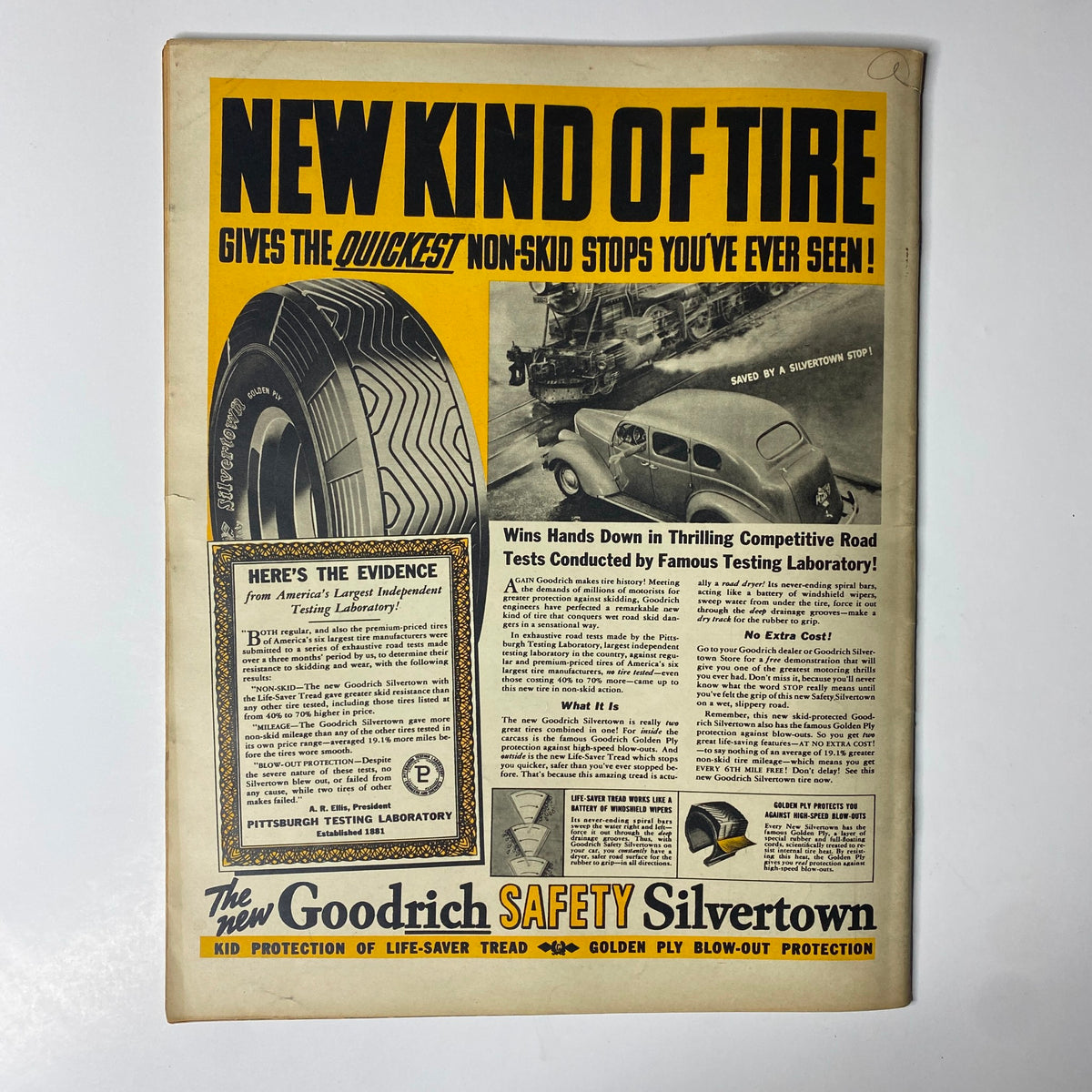 Look Magazine April 12, 1938 featuring an advertisement for the new Goodrich Safety Silvertown tire, highlighting its quick non-skid performance, ideal for automotive enthusiasts and collectors.