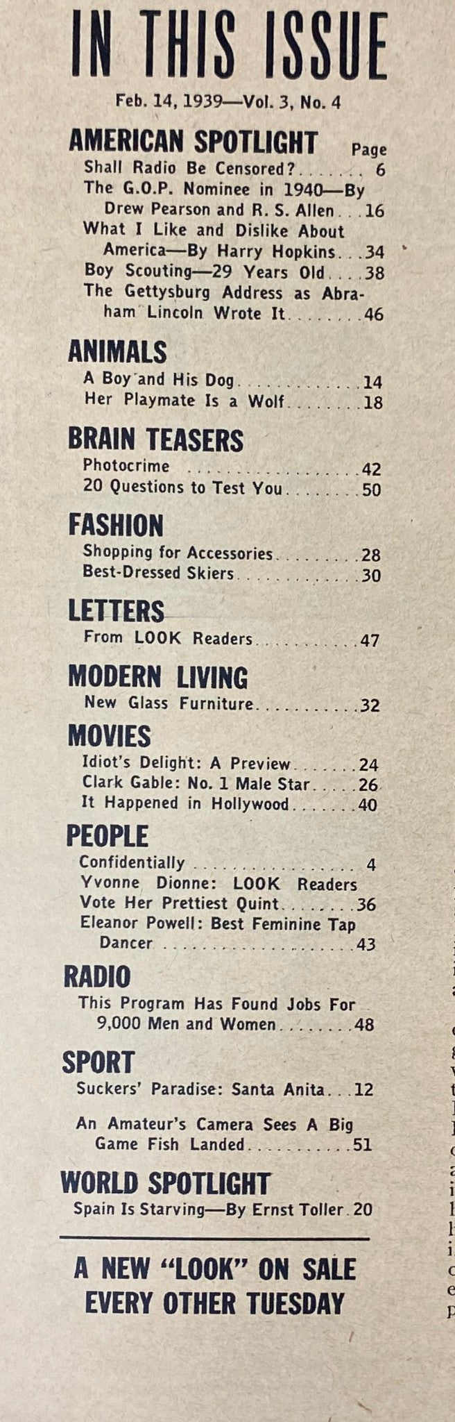 Table of contents from Look Magazine, February 14, 1939, detailing featured articles including profiles on Yvonne Dionne, Clark Gable, and discussions on media censorship.