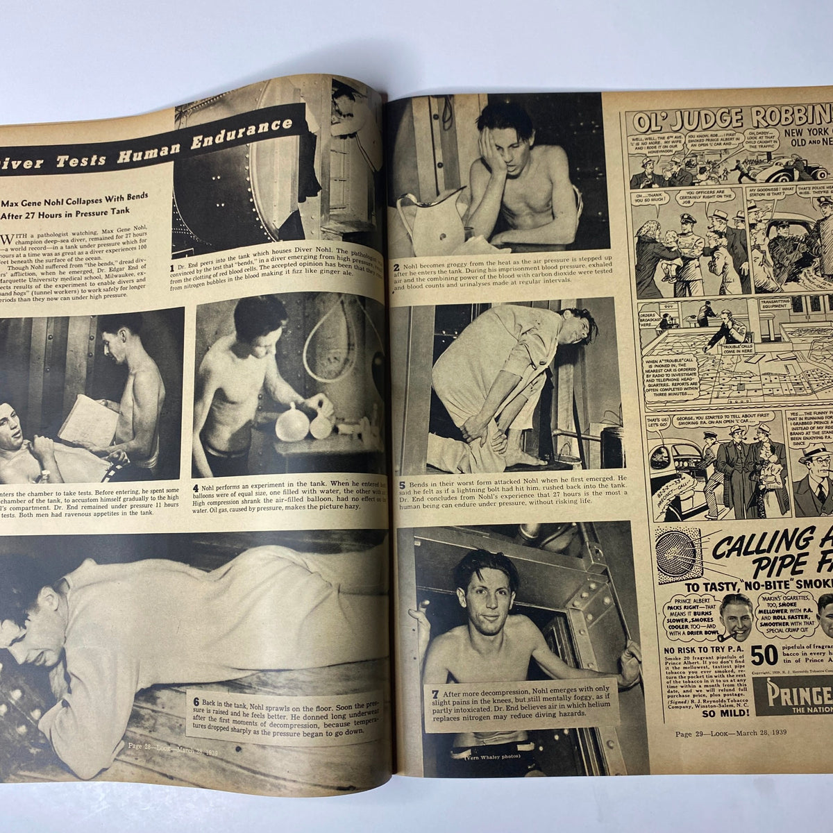Image from Look Magazine March 28, 1939 showing diver Max Gene Nohl testing human endurance in a pressure tank. The article discusses his experience after 27 hours in the tank, highlighting the challenges and effects of extreme underwater pressure.