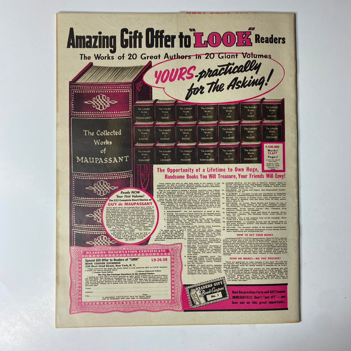Look Magazine September 26, 1939, displaying an advertisement offering the collected works of Maupassant, featuring a colorful layout that highlights a collection of literary volumes with an engaging call to action for readers.