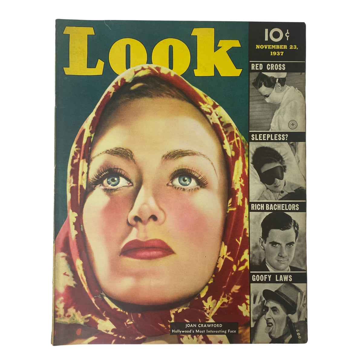 Cover of Look Magazine dated November 23, 1937 featuring Joan Crawford, showcasing her iconic beauty with a focus on her expressive eyes and bold lipstick.