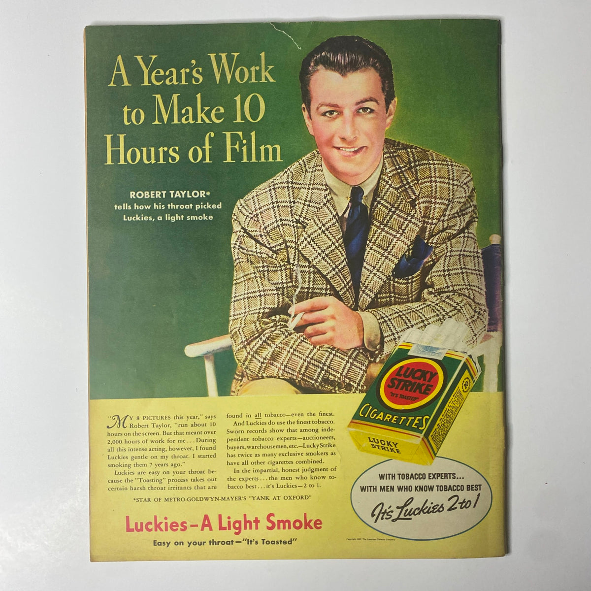 Look Magazine November 23, 1937 - An advertisement featuring actor Robert Taylor discussing Lucky Strike cigarettes with an emphasis on their smoothness and toasting process.