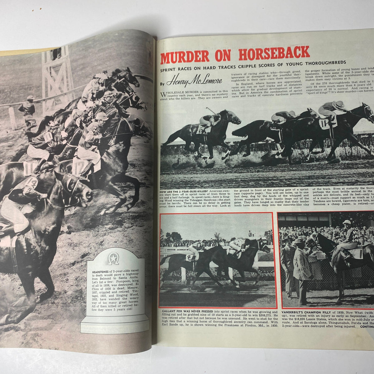 Murder on Horseback feature in Look Magazine March 12, 1940, showcasing thoroughbred horse races with dramatic imagery and commentary on equestrian sport.