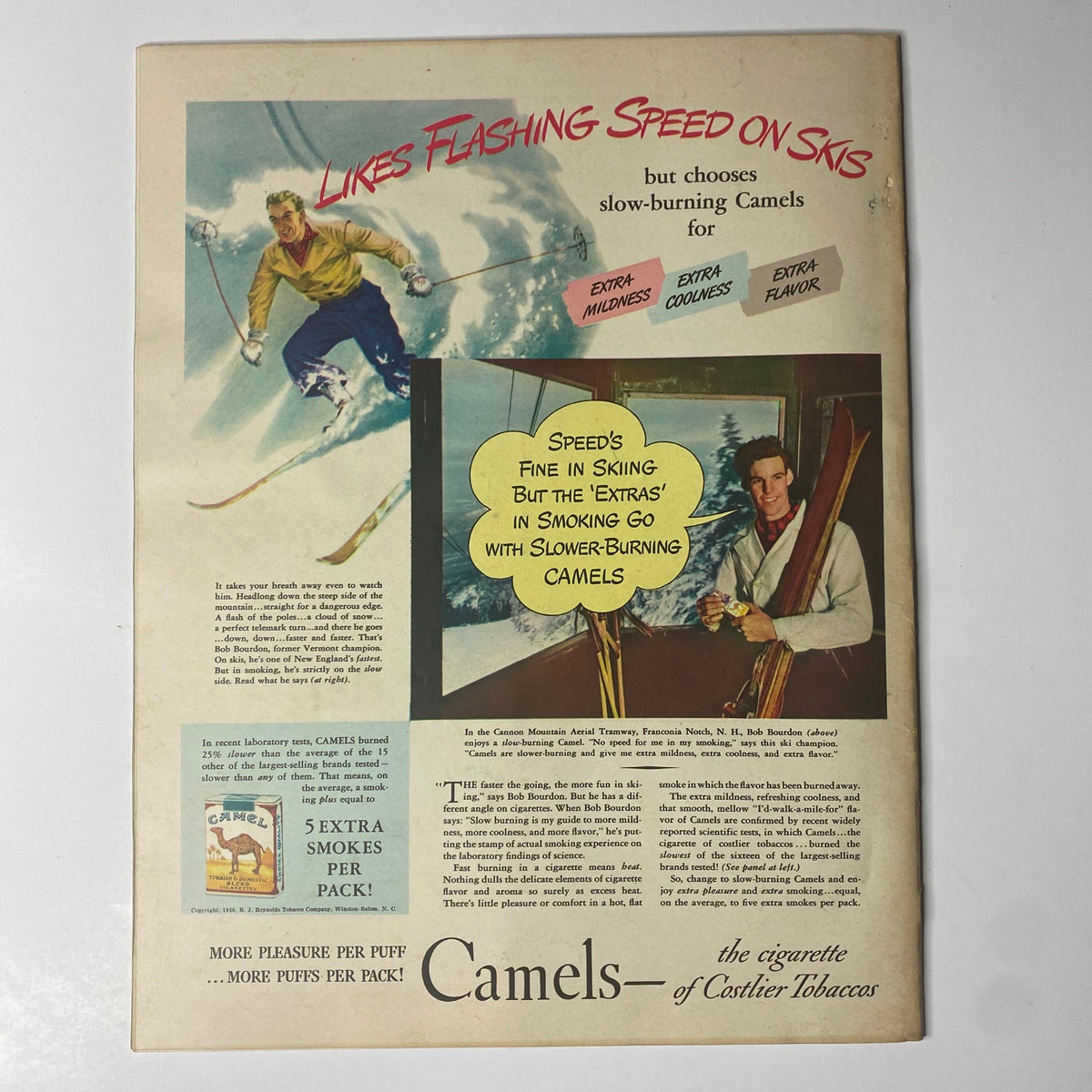 Advertisement for Camels cigarettes in Look Magazine March 12, 1940, highlighting the benefits of slower-burning cigarettes for smokers.