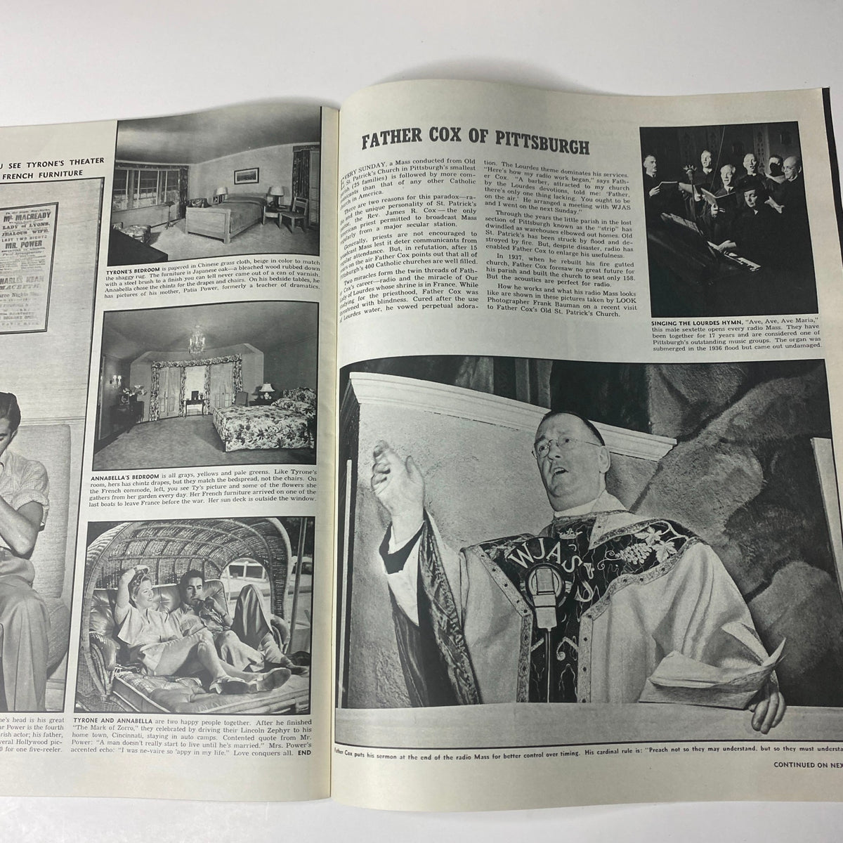 Page from Look Magazine December 31, 1940 showcasing a profile on Father Cox of Pittsburgh, including images of the priest conducting a service and interacting with the congregation.